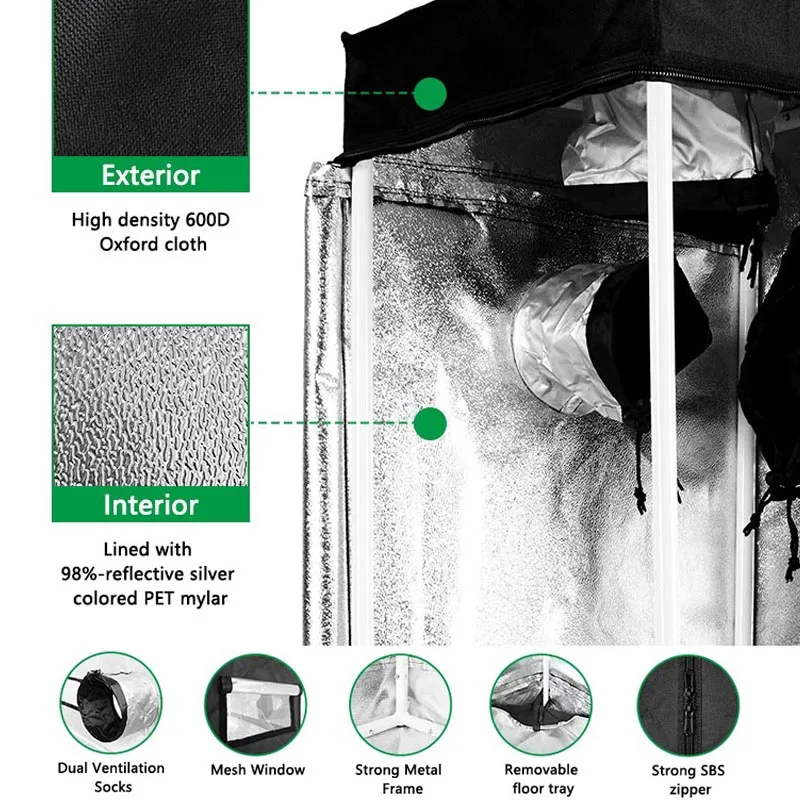 Namiot do uprawy w pomieszczeniach, wysoka odbijalność światła, 600D, 5x5, 8x4, 10x10 stóp, kompletny zestaw namiotu do uprawy z wentylacją.