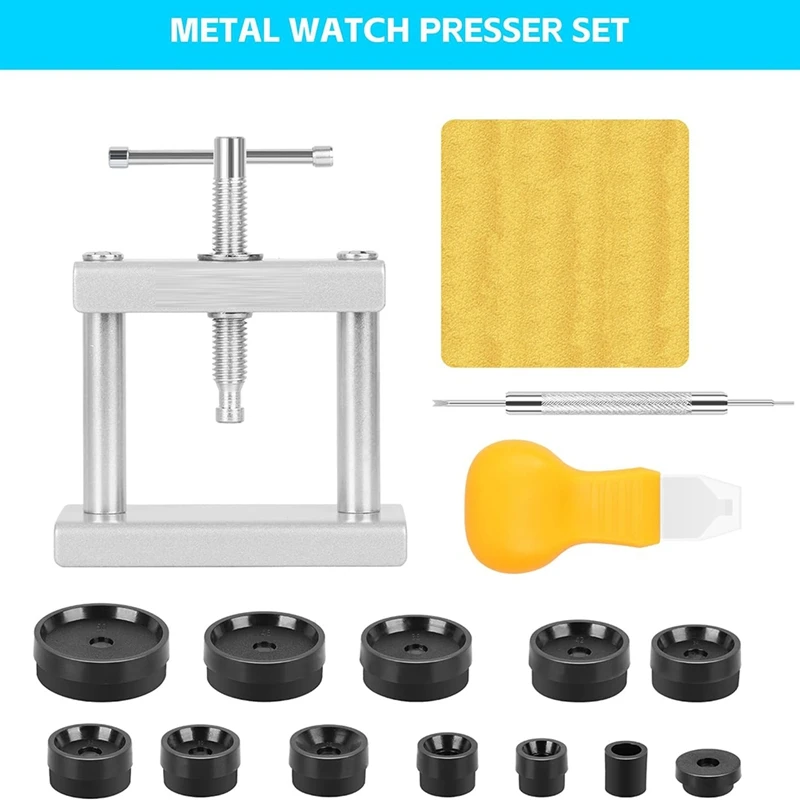 Conjunto de ferramentas de imprensa de relógio, conjunto de imprensa de relógio mais próximo de caixa traseira com 12 moldes, imprensa de cristal de relógio, para tampas de fechamento