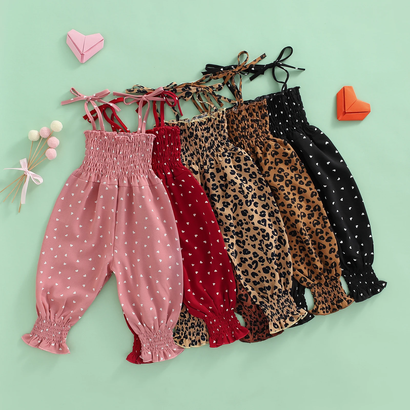 2022-03-04 Lioraitiin 0-4Years Toddler Girl Sling Jumpsuit Heart/Leopard Printed Pleated Tie-Up Simple Style Overalls Romper