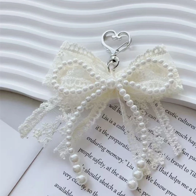 New Korean Sweet Pearl Bow Keychain Heart Pendant Keyring Y2K Aesthetic Key Holder for Girls Bag Pendant Accessories
