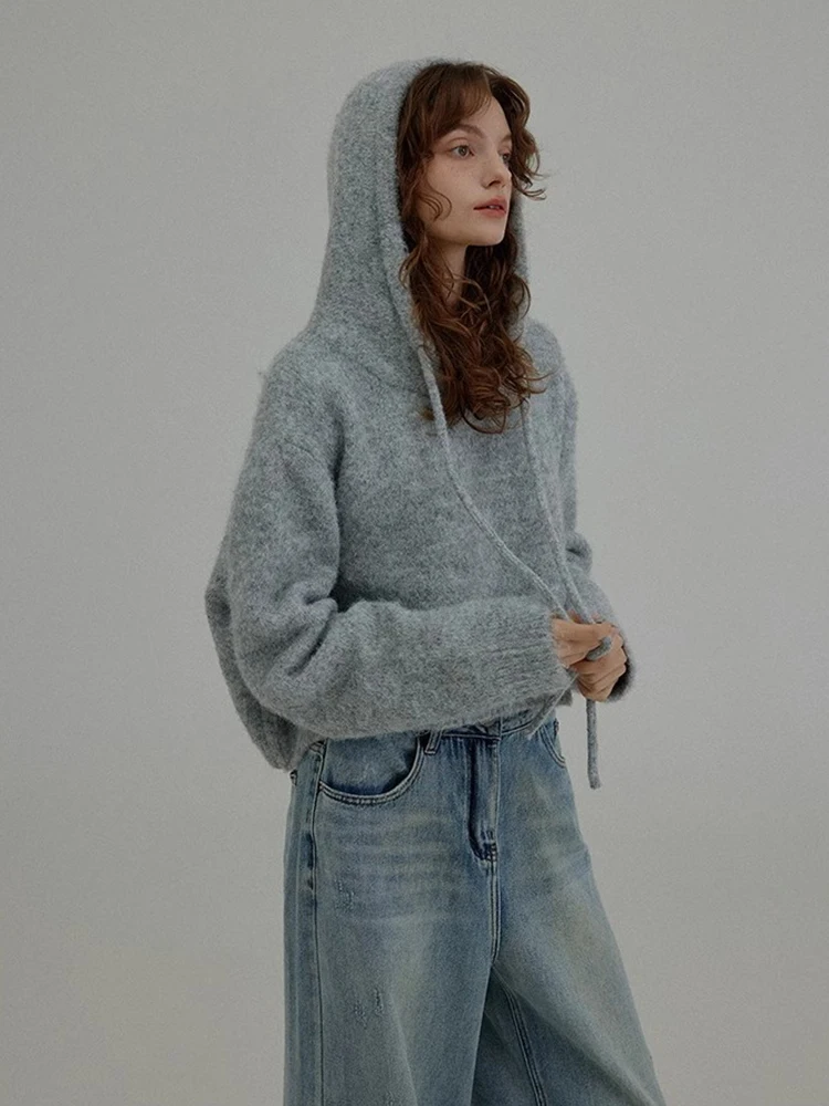 French Grey Drawstring Knitted Sweater For Women'S Autumn And Winter Fashion Hooded Loose Short Top