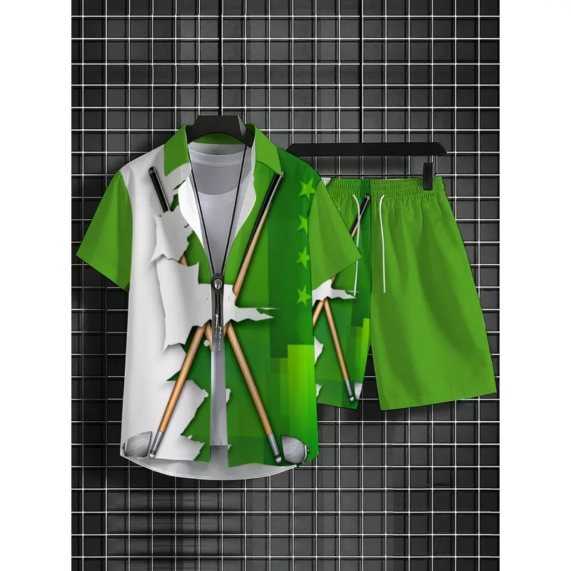 Men's Lightweight Casual Green White Polyester Shirt & Pants Set Star & Golf Club Printed Multi-occasion Wear view 3