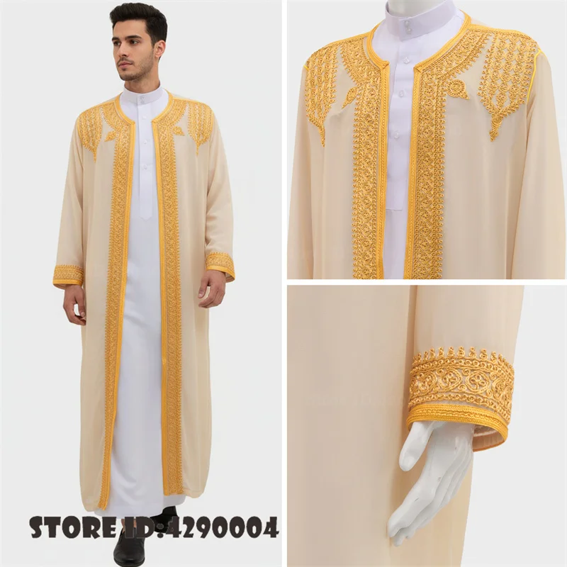 Embroidery Arab Traditional Long Robe Jubba Thobe Traditional Middle Eastern Ethnic Style Prayer Clothes Men's Formal Dress