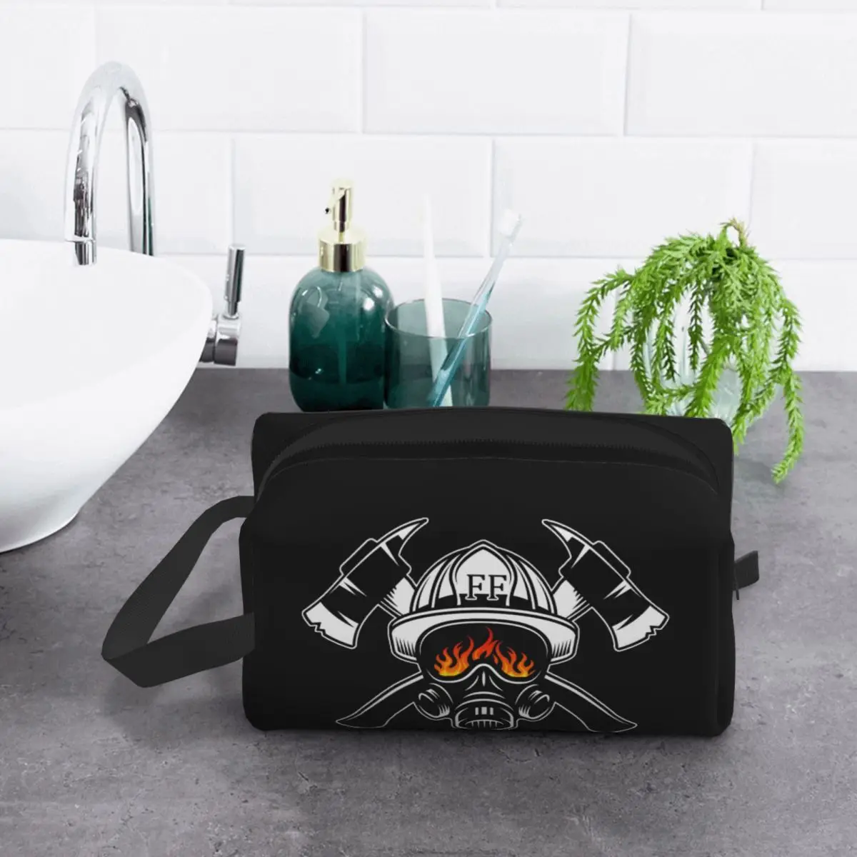 Custom Firefighter Skull Makeup Bag Women Travel Cosmetic Organizer Cute Fireman Fire Rescue Storage Toiletry Bags