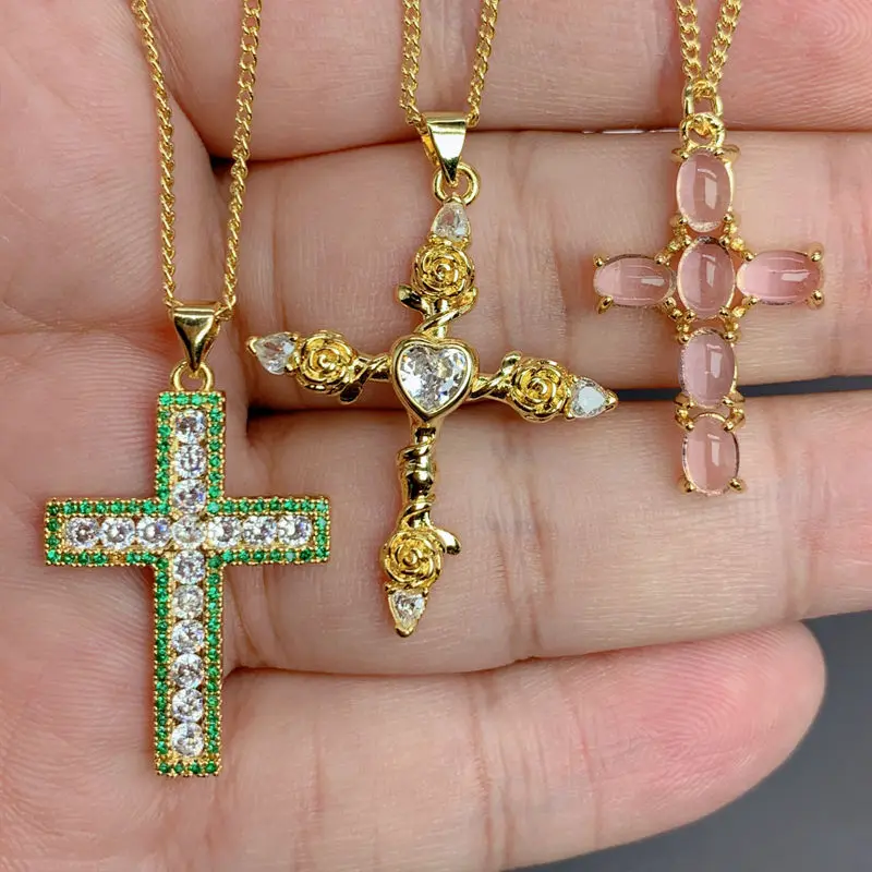 New Fashion Trend Unique Design Zircon Cross Necklace for Women Delicate Gold Color Crystal Rose pattern pendant Party Jewelry