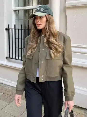 HH Jacket For Women Vintage Solid Long Sleeve Button Coat With Pocket Spring Casual Female Bomber Jacket Chic Outerwear