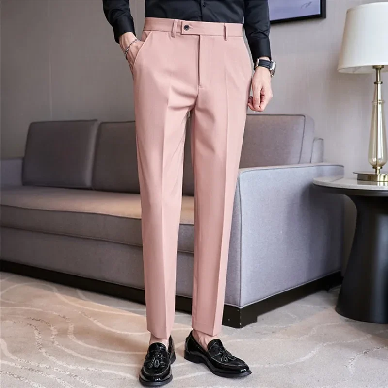 Calça formal masculina de terno de negócios, calça longa estilo coreano, roupa justa, calça casual elegante, rosa e azul, moda outono