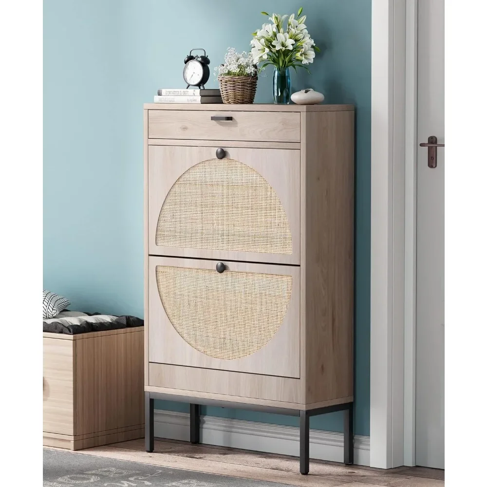 

Storage Cabinet with 2 Flip Drawers&1 Small Drawer, Slim Entryway Shoe Organizer with Half Round Woven Rattan Doors Sneakers