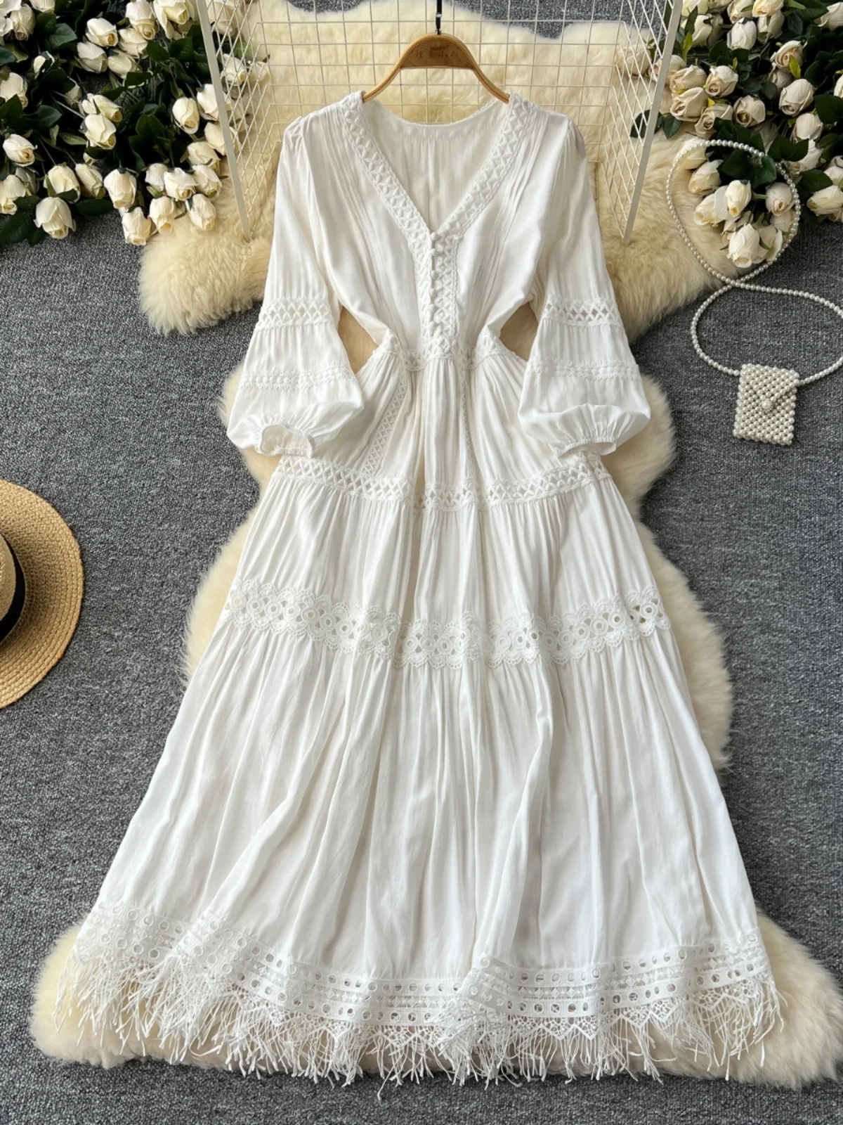 Summer Autumn V Neck Hollow Out Tassels Embroidery White Evening Bridesmaids Dress Women Lantern Long Sleeve Midi Vestidos Party