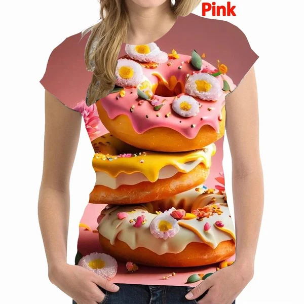 Women's Tshirt Fashion Donut Printing T Shirt Casual Sports Printed T-shirt Chocolate Donut Round Neck Tee