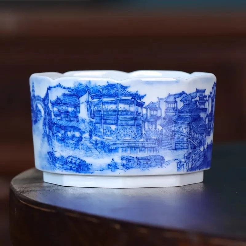 Jingdezhen blue and white master cup, hand-painted Nanxiang old dream picture eight square cup
