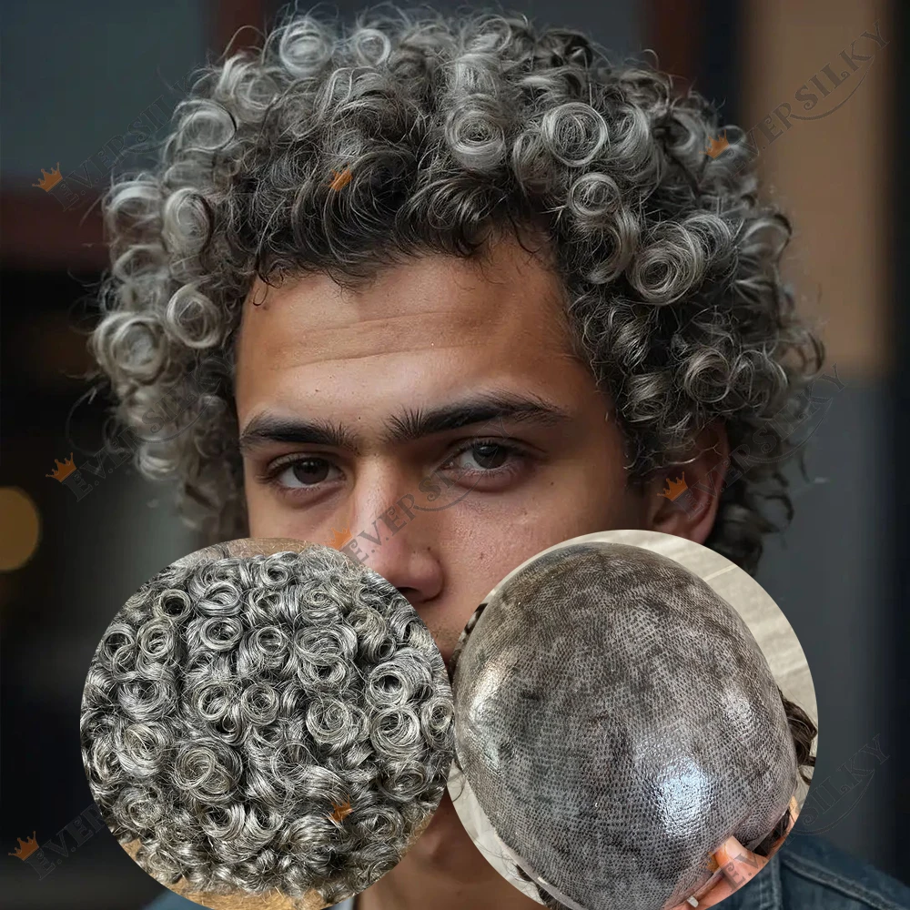 1B65 1B80 Gray Hair System Old Man Toupee 20mm Curly Human Hair Prosthesis Super Durable Full PU Base Men's Wig Natural Hairline