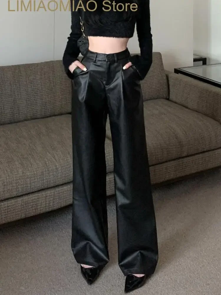 Nuevos pantalones de cuero negro para mujer, pantalones holgados informales elegantes de cintura alta, moda coreana para mujer, pantalones rectos de pierna ancha para invierno