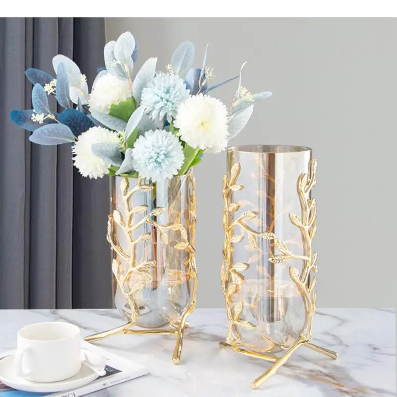 

Glass Vase Hollow Gold Metal Frame Branches Rattan Transparent Glass Flower Vase Flower Arrangement Hydroponics Home Decoration