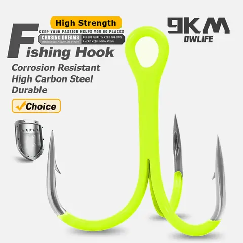 9KM 10개 트리플 후크 트레블 후크 2X 깊은 민물 애플리케이션용 강력함, 형광 녹색 울트라 바이올렛(UV)