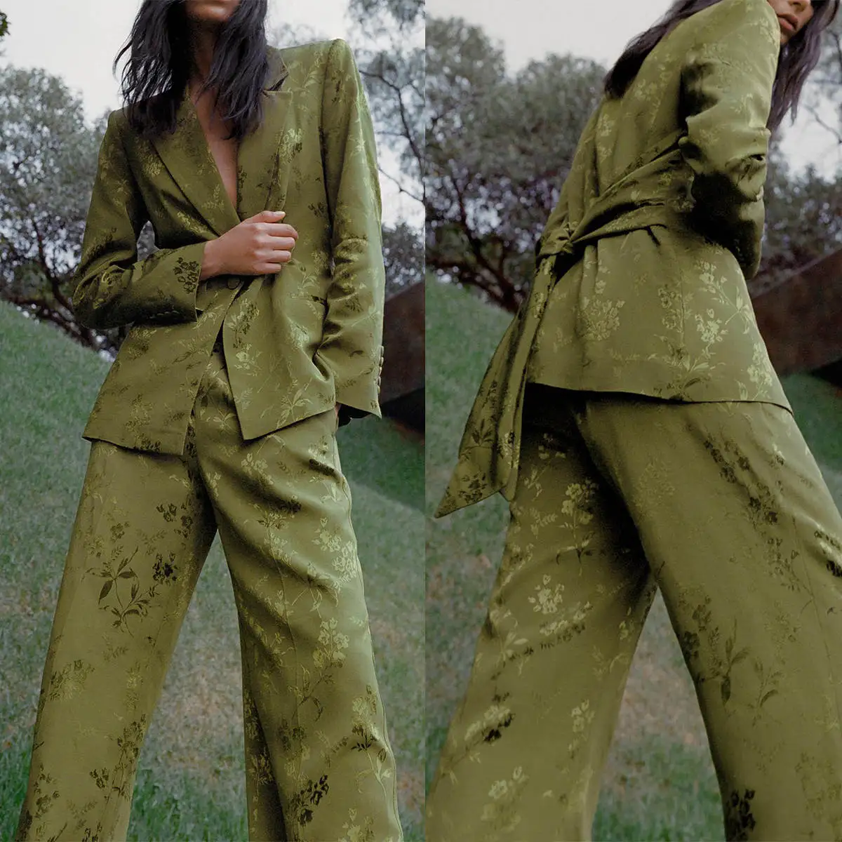 

Stylish Green Customized 2 Pieces Jacquard Women Suits Embroidery Belt Sash Classic Fit Fashion Evening Party Outifits