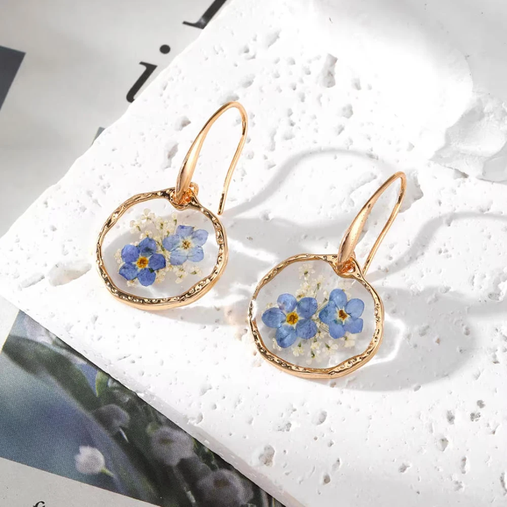 Sweet Blue Eternal Dried Flower Earrings For Women Jewelry Accessories Exquisite Handmade Geometric Earrings Everyday Jewelry