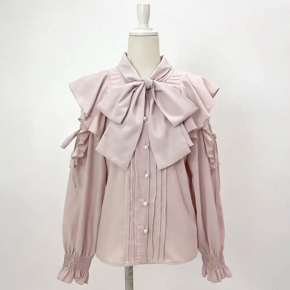 Japanese Sweet Heavy Industry Long-sleeved Shirt Women's Spring and Autumn Solid Color Lace Ruffle Edge Bow Lace-up Blouses Top