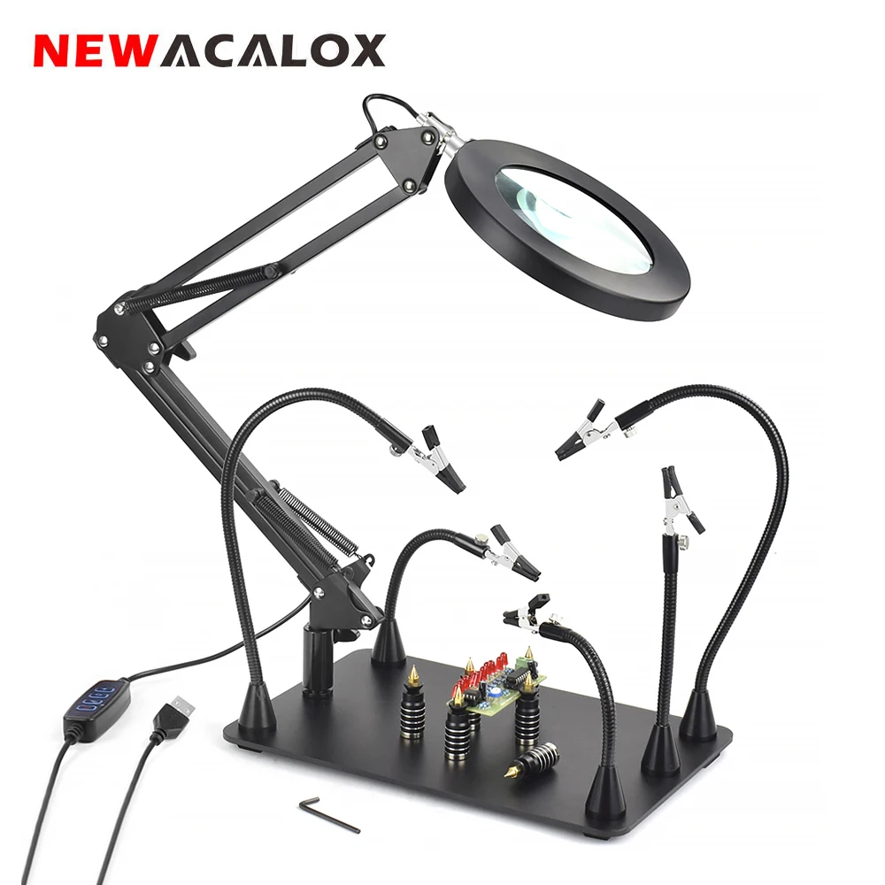 NEWACALOX 5X Magnifying Glass LED Lamp USB 3 Adjustable Colors Black Iron Plate Welding Tool Soldering Iron Repair Illumination