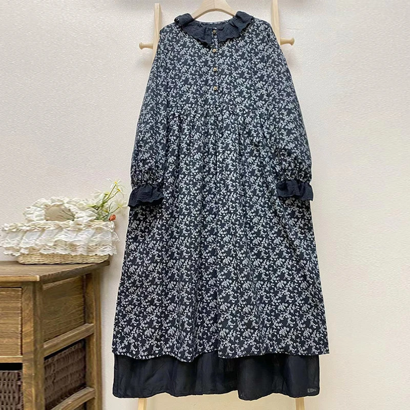 Johnature Mori Women Sweet Floral Dresses For Women 2025 New Loose Cotton Linen Turn-collar Collar Patchwork Casual Dresses