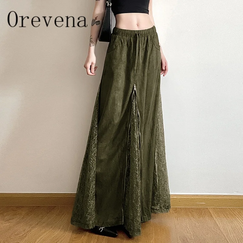 2026 New Retro Dark 90s Lace Patchwork Hem Zip Long Skirt Y2K Chic Drawstring Pocket A-line Skirts Women Grunge Streetwear