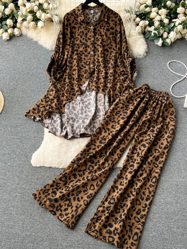 Vintage Elegant Women 2 Pieces Set Leopard Print Irregular Shirts Casual Loose Wide Leg Pantalon New Fashion Sweatsuit Autumn