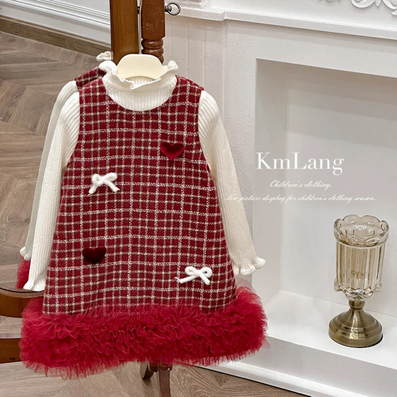 

Girls' Dress2025Winter Fashionable Set Red Bow Padded Vest Dress Sweater Two-Piece Set