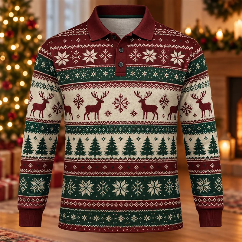 Ugly Christmas Sweater Look on a Men's Long Sleeve Polo Shirt 3D Reindeer Snowflake Print for Retro Holiday Office Party Outfit