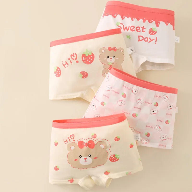 4 шт., хлопковые мягкие антибактериальные трусики для девочек, детские трусики с милым медвежьим принтом, тонкое дышащее удобное нижнее белье для маленьких детей от 3 лет