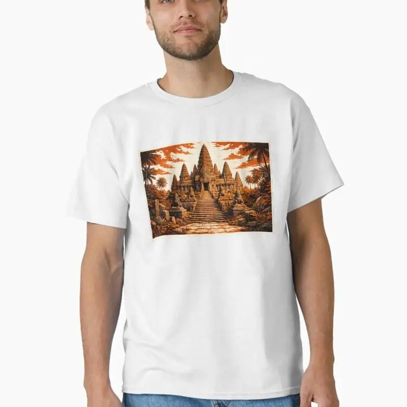 Ancient Temple Linocut Art Majestic Jungle Temple Retro Wall Art Classic T-Shirt