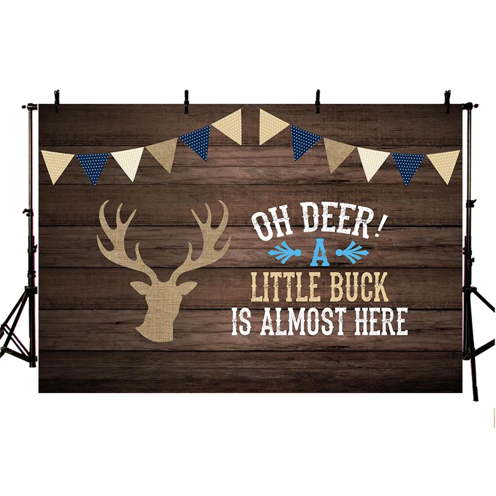 Oh Deer Baby Shower Photography Background Gray Rustic Wood Party Backdrop Decor A Little Buck is Almost Here Boy Banner Props