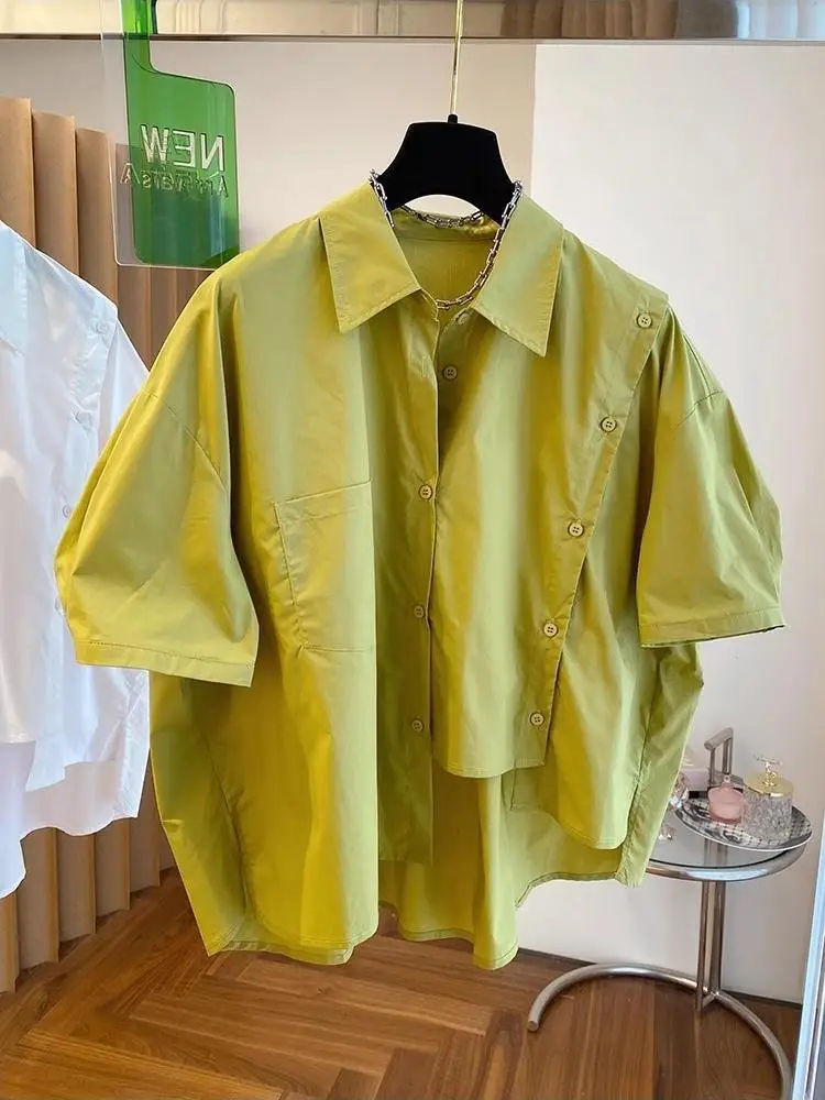 

Simple Casual Solid Color Commute Blouse 2024 Summer Turn-down Collar Button Women Top Irregular Design Short Sleeve Loose Shirt