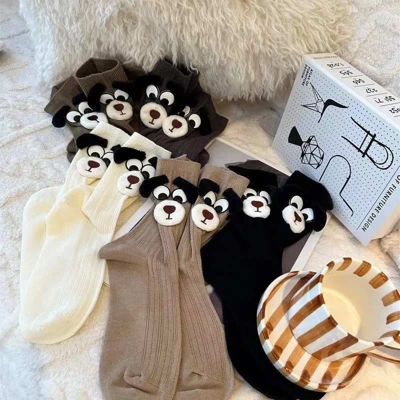 Women Socks Cotton Female Spring Autumn Harajuku Stereoscopic Cute Kawaii Cartoon Puppy Sweet Style Middle Tube Short Crew Socks