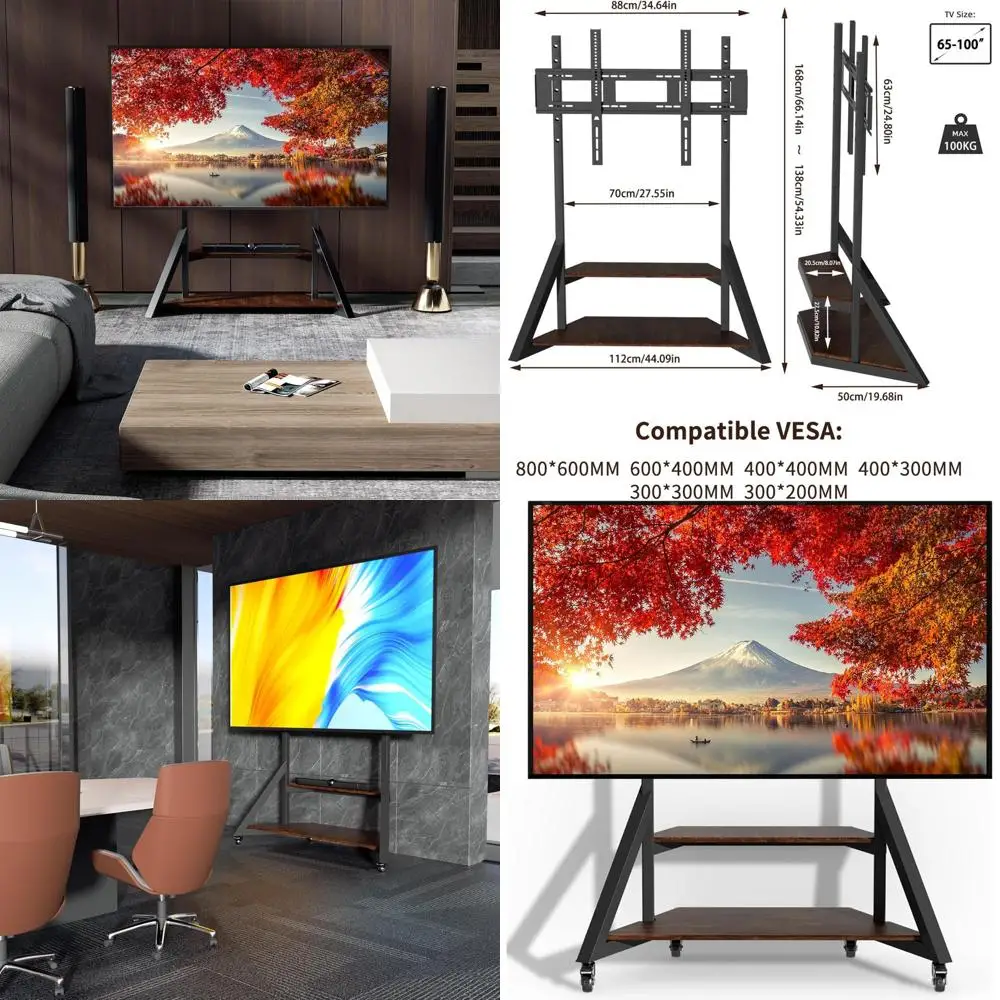 Mobile TV loor Stand with Wheels Shelves or 65 to 100 inch Large LCD/LED lat Curved Sn up to 220lbs, Adjustable Heights TV Mount