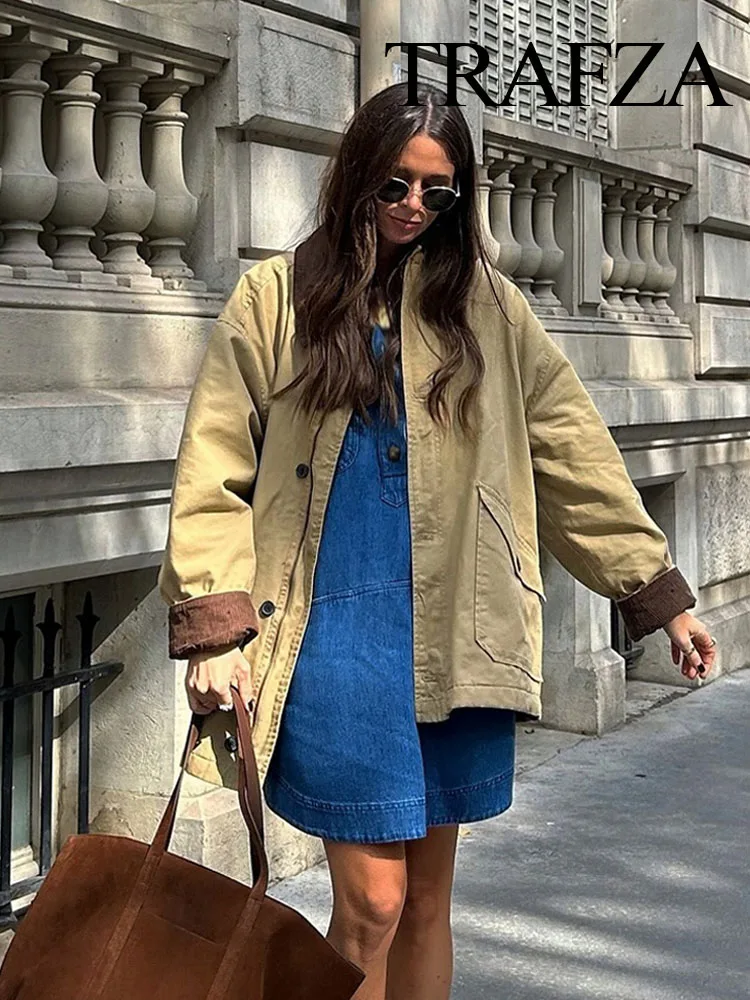 TRAFZA Female Street Single Breasted Canvas Loose Coat Autumn Woman Fashion Vintage Turndown Collar Long Sleeve Pocket Jacket