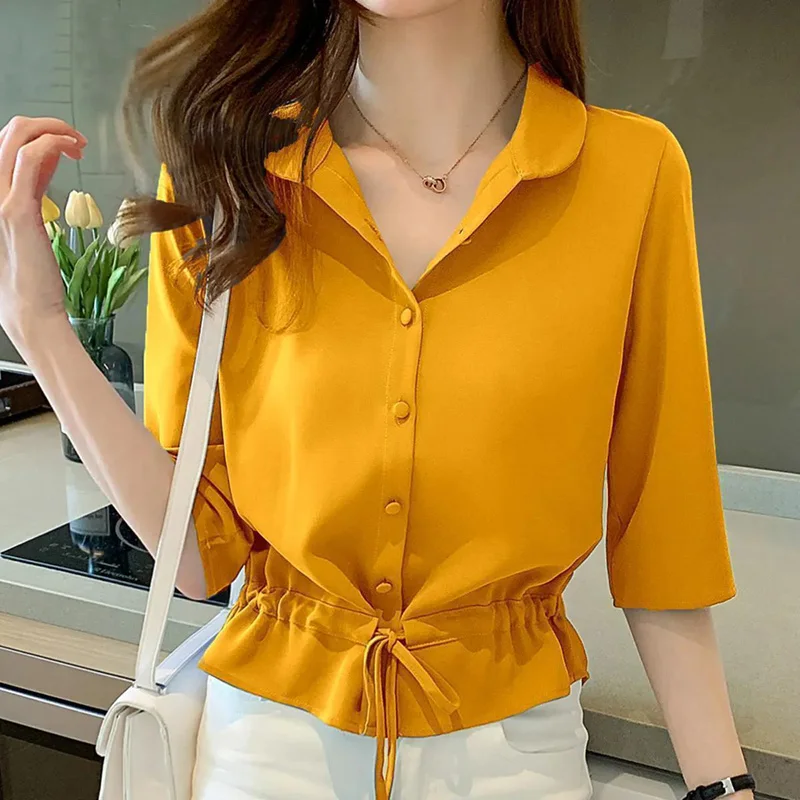 Fashion V-Neck Button Shirring Lace Up Shirt 2022 Summer Casual Tops Oversized Commute Women\'s Clothing All-match Korean Blouses