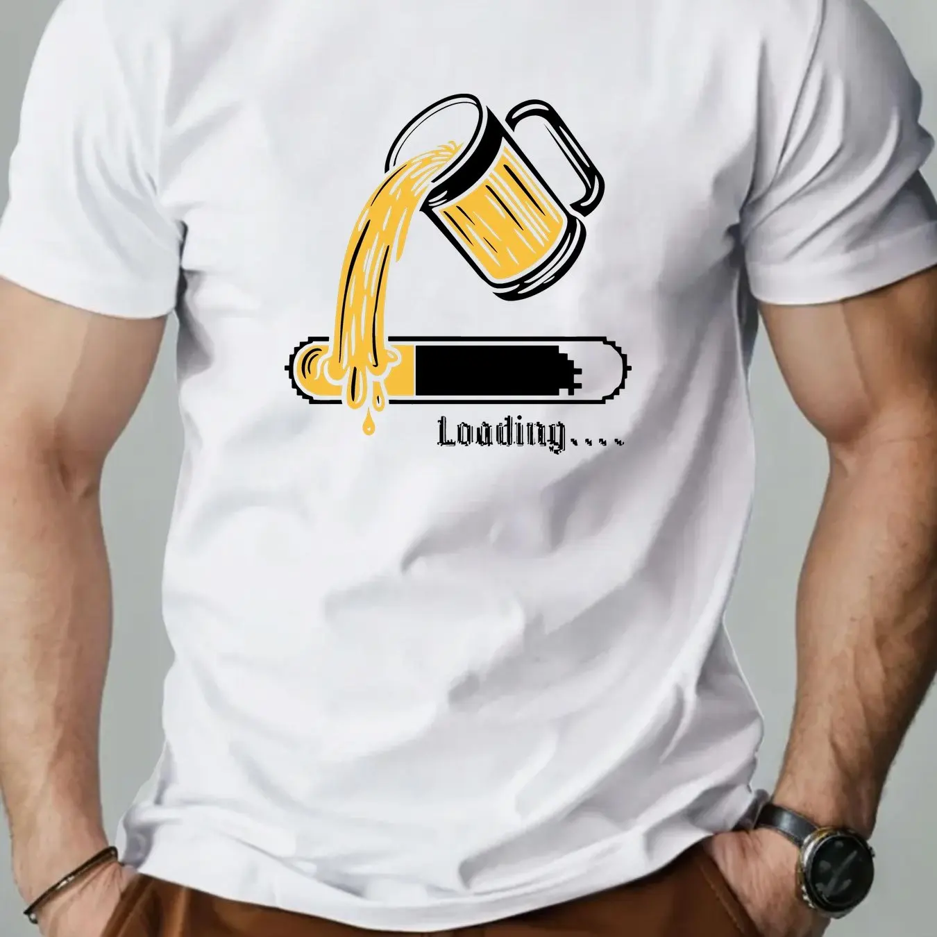 Einfaches Herren-Sport-T-Shirt, sommerliches, lässiges, kurzärmeliges Oberteil mit lustigem Biermuster, Rundhalsausschnitt, trendiges Street-Style-Herren-T-Shirt