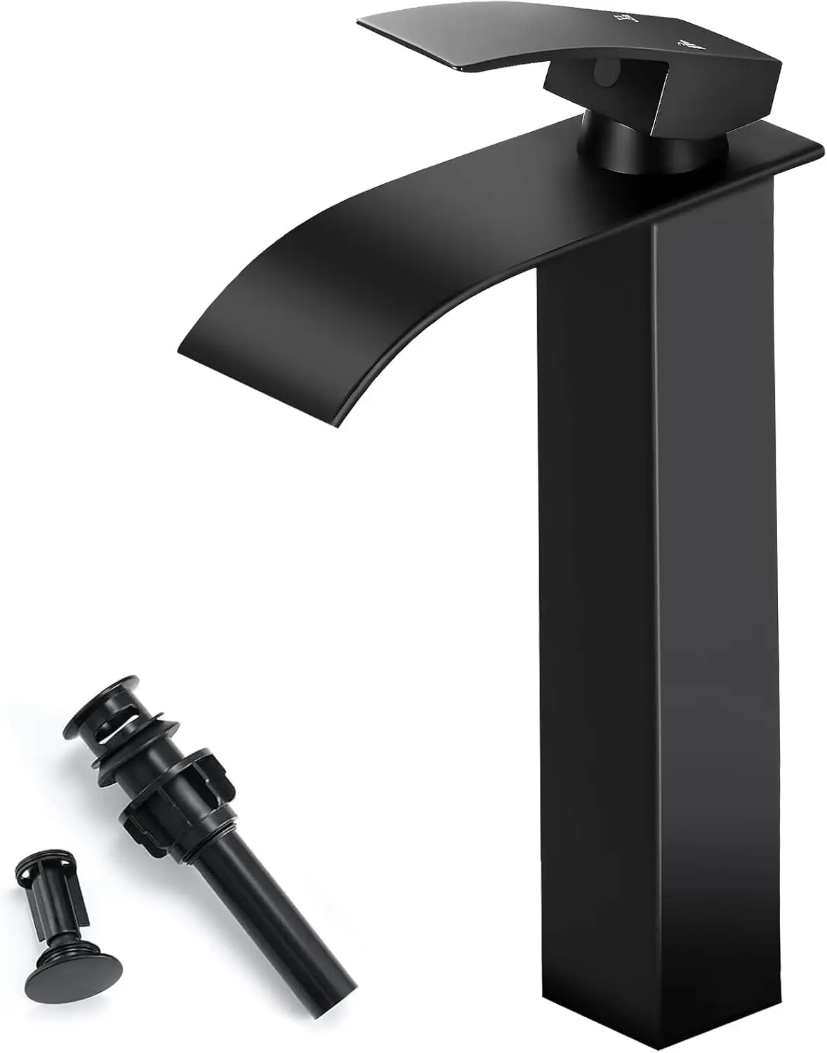 

Modern Tall Waterfall Bathroom Sink Faucet Single Handle Vessel Mixer Tap with Pop-up Drain and Supply Hoses