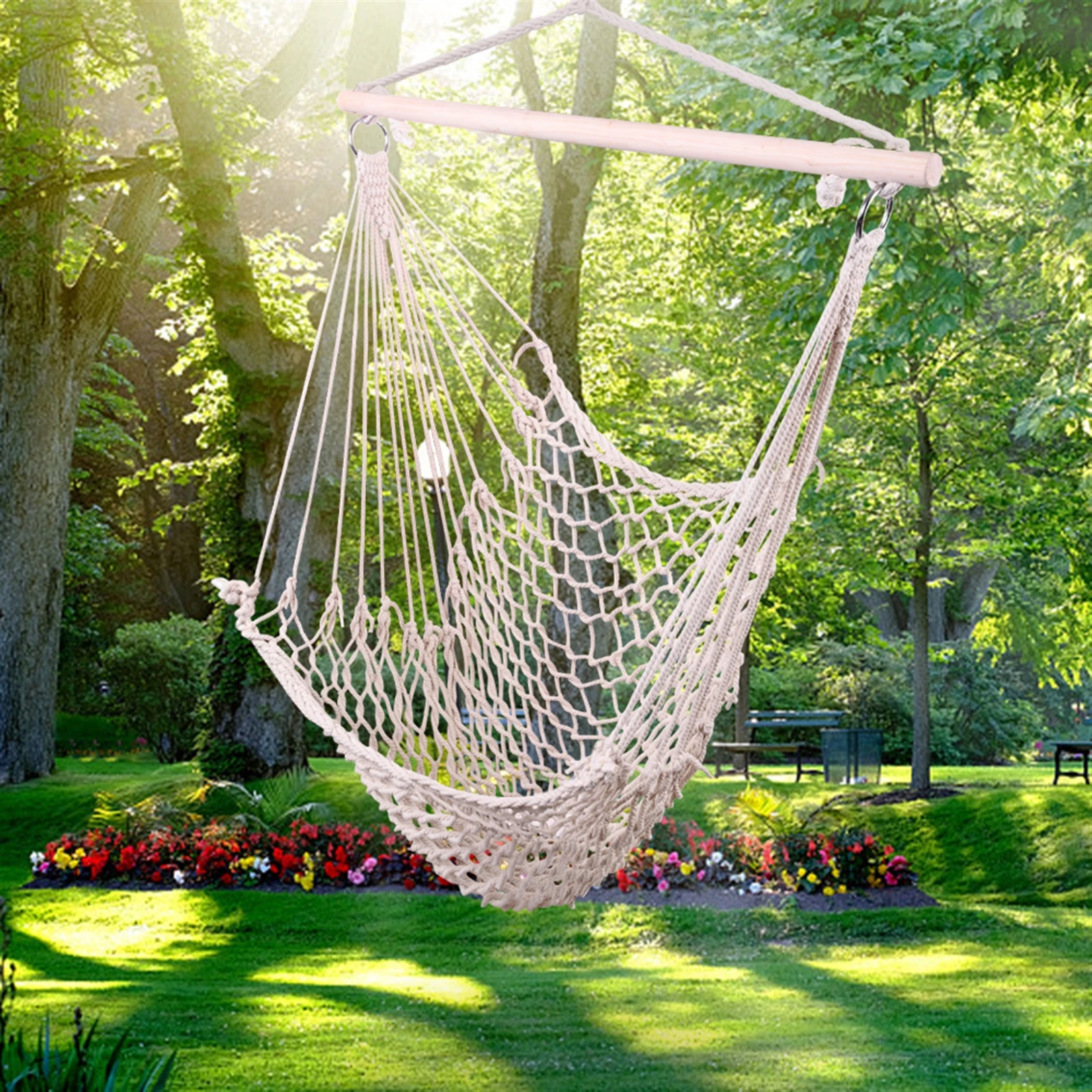 Hanging Rope Air/Sky Chair, Cotton Hanging Hammock Net Chair with Wooden Stick for Indoor & Outdoor Porch, Garden, Yard, Patio