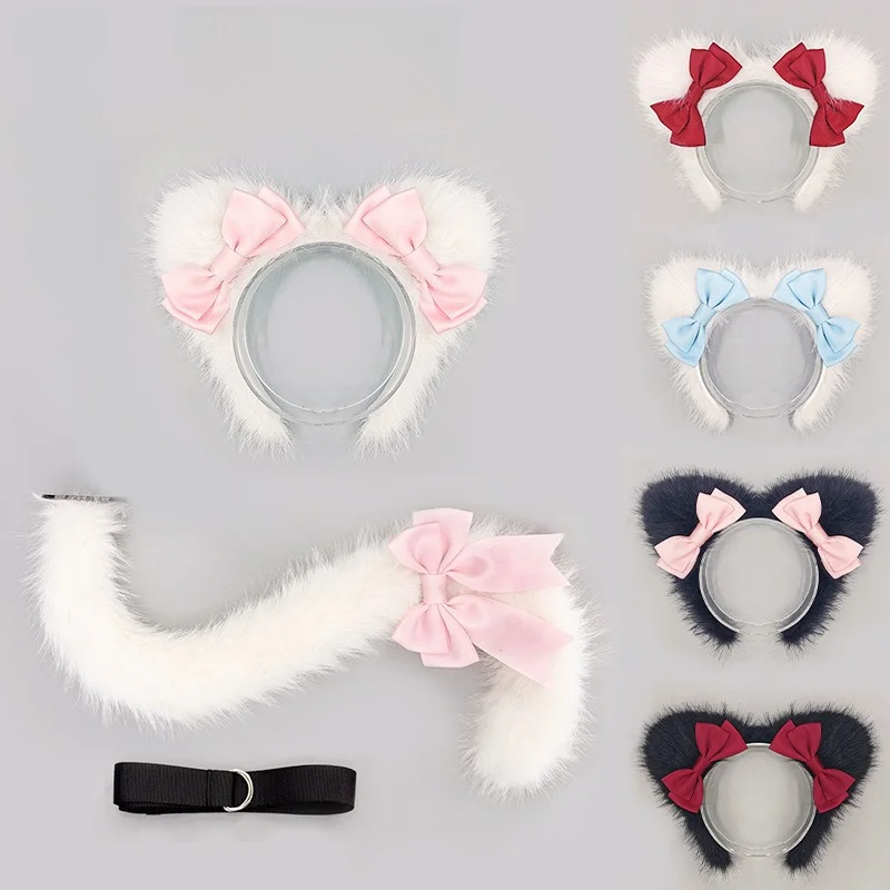 

Белый комплект с кошачьими ушками и хвостом в стиле аниме с розовым бантом, милый пушистый плюшевый головной убор, реквизит для вечеринок и комик-конов, аксессуары для косплея из искусственного меха