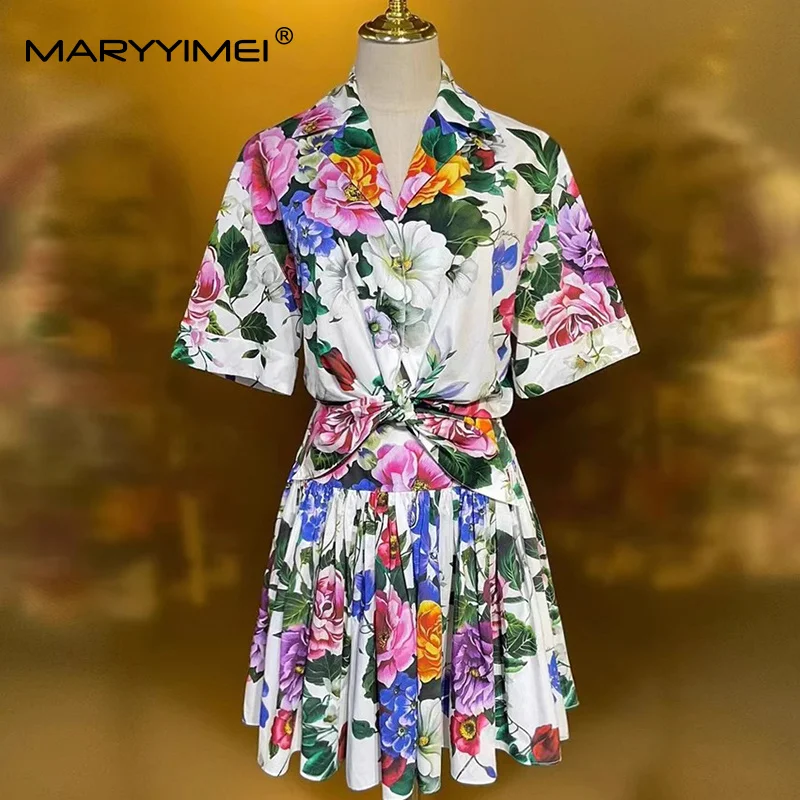 

MARYYIMEI Fashion design Women's Suit Short Sleeve Single-Breasted Tops+Casual short Skirt Floral-Print Cotton Two piece set