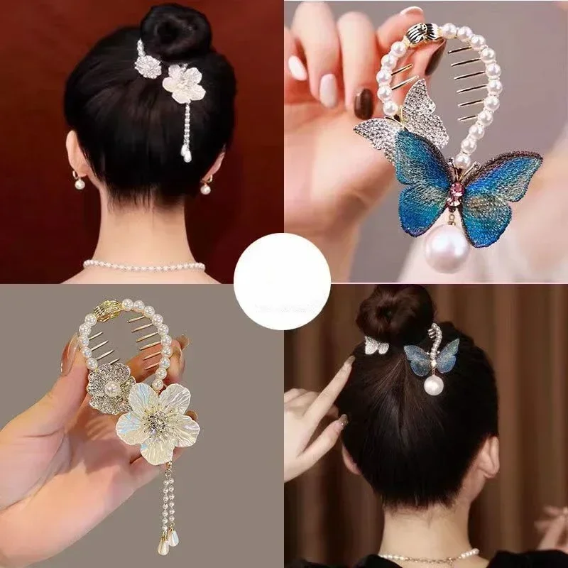 Butterfly High Ponytail Hair Claws Clamps for Women Girls Ponytail Holder Hanging Pearl Elegant Hairpins Ponytail Buckle Vintage