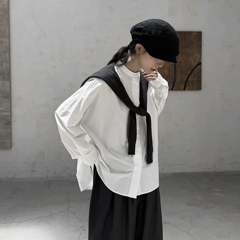 

Johnature Women Simple Shirt Spring New Stand Collar White Pure Cotton Long Sleeve Casual Blouses