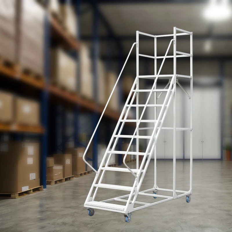 Warehouse Portable Rolling Mobile Work Platform Cold-rolled Steel Ladder with Handrail Steel Ladder Industrial Ladder