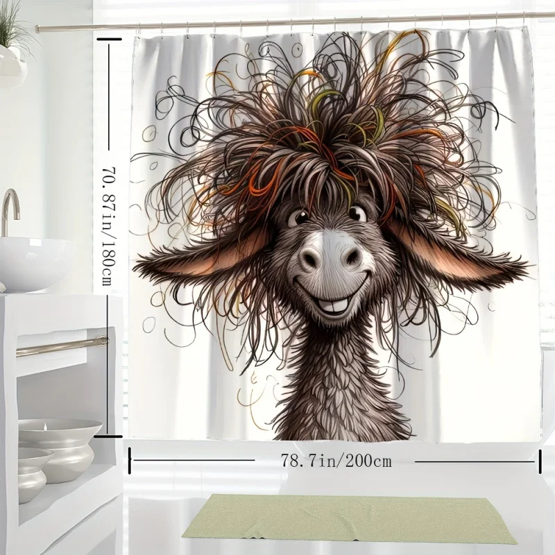 YWJHUI Cute Cartoon Shaggy Donkey Digital Print Shower Curtain, Water-resistant Polyester with Hook, Machine Washable, All-seaso