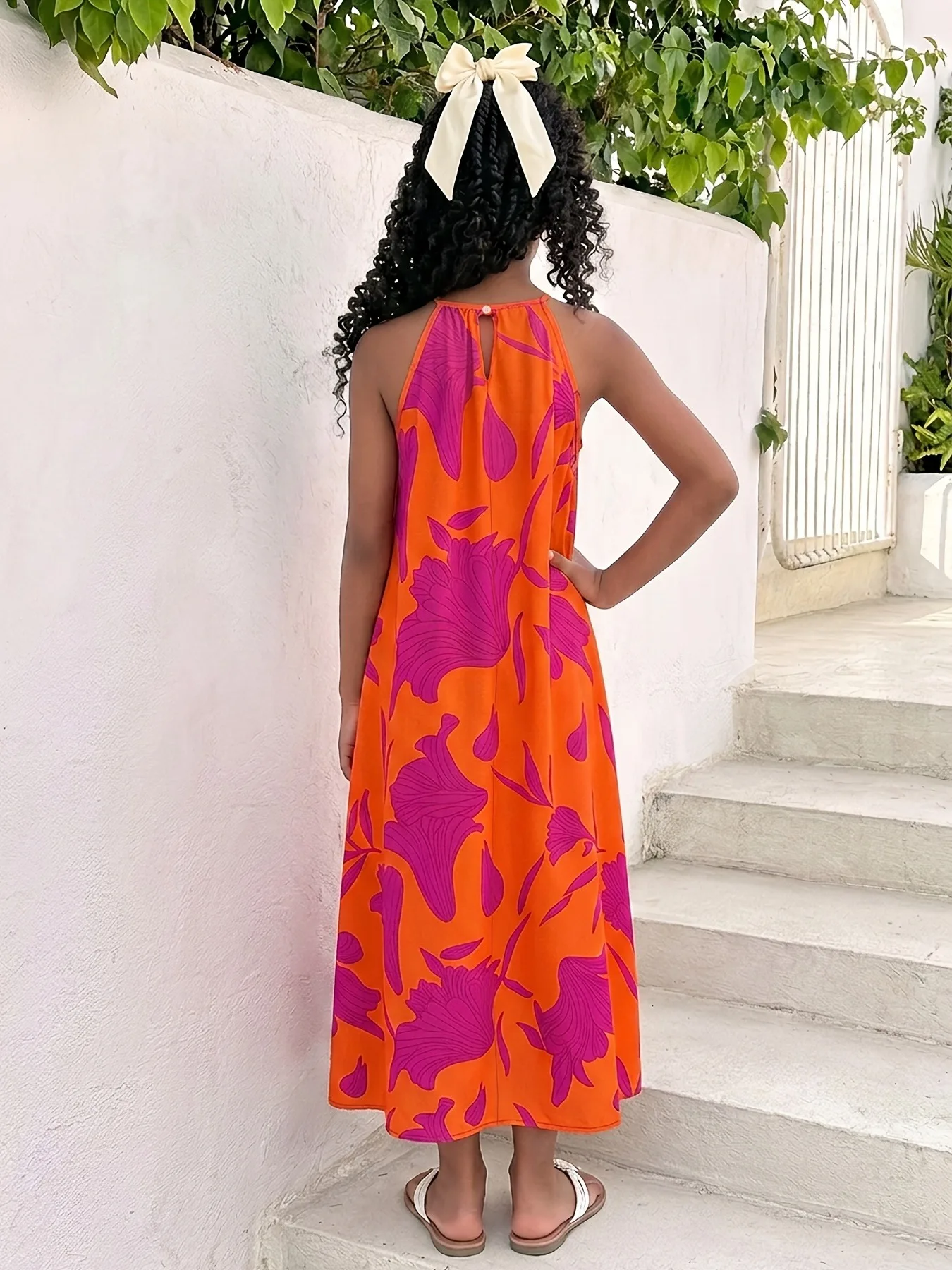 Lightweight Kids Girls Single Piece Casual Dress, Wrinkle-resistant Halter Sling Floral Long Dress for Resort Sightseeing Summer
