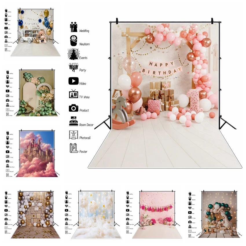 

Newborn Baby 1st Birthday Backdrop for Photography Balloon Flower Wood Floor Cake Smash Party Children Portrait Photo Background