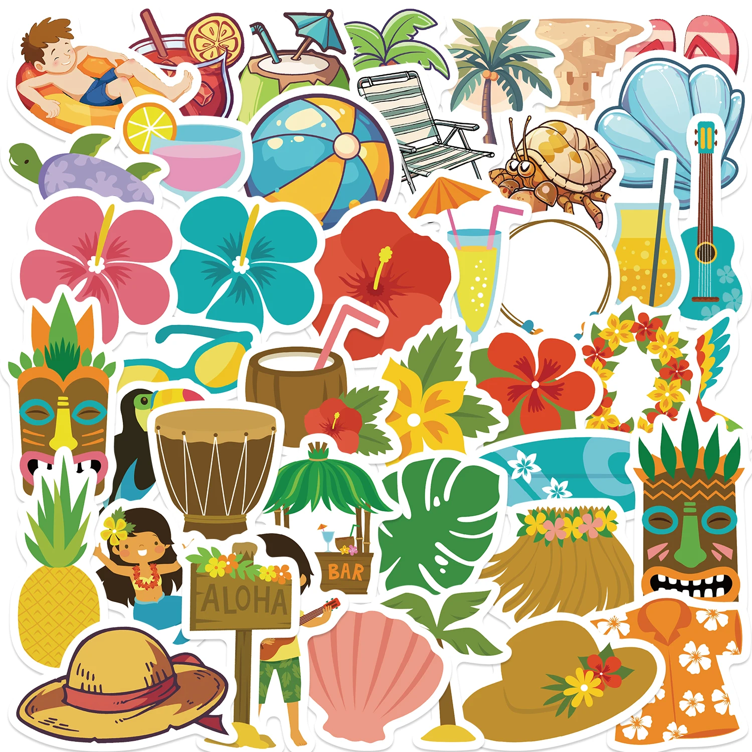 50PCS Hawaiian Summer Vacation Style Cartoon Sticker DIY Phone Laptop Luggage Skateboard Graffiti Decals Fun for Kid Gift