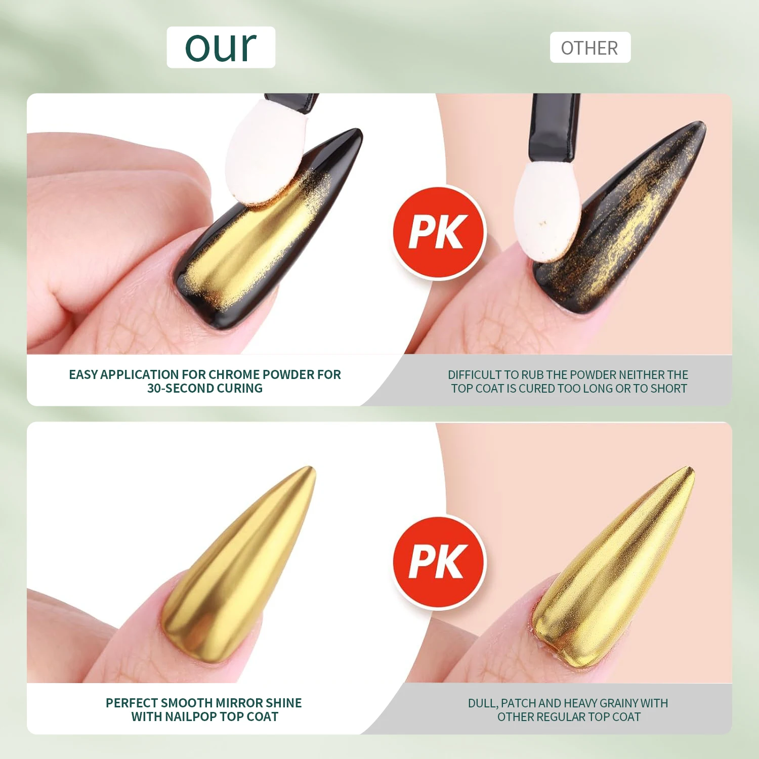 Nailpop Chrome Powder Top Coat Glitter Powder Color Metallic Effect Nail Glitter UV Light Gel Polish Chrome Dust Nail Art 15ml