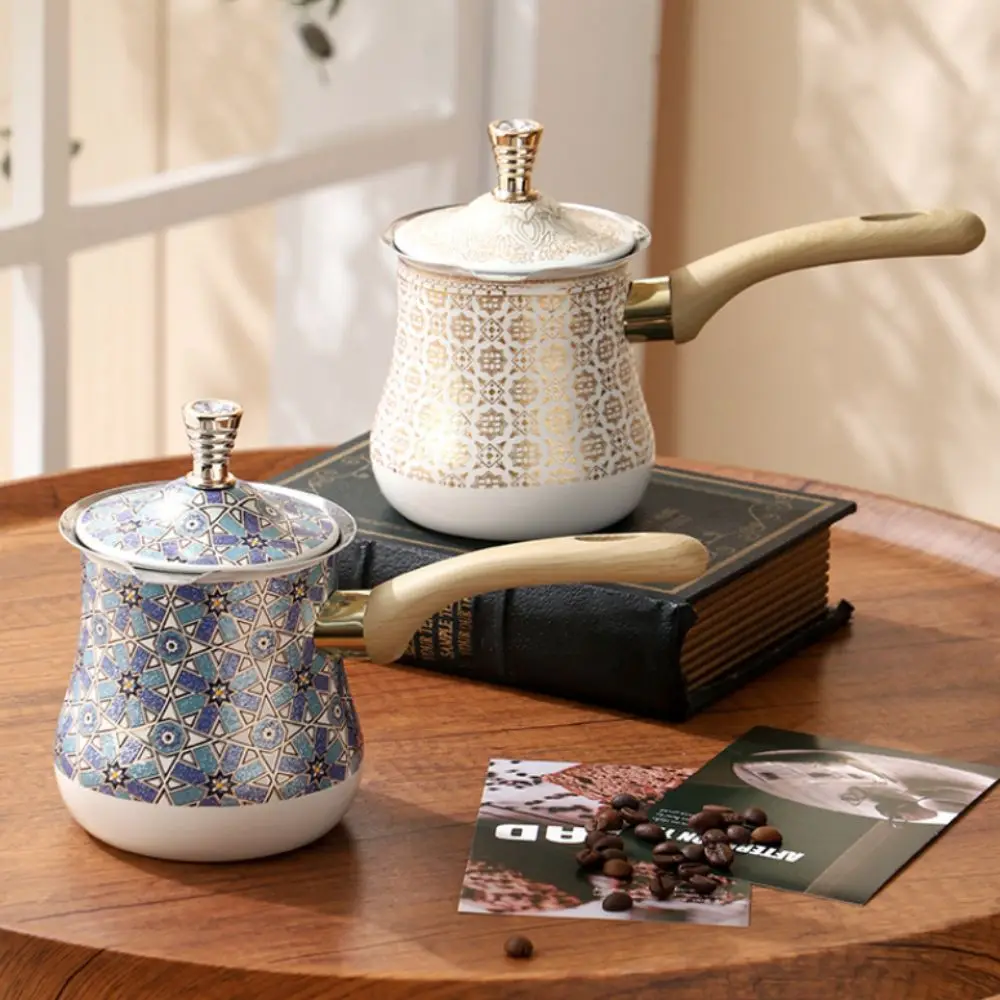 

550ml Turkish Coffee Pot Long Wooden Handle Stainless Steel Milk Pot V Shape Diverter Port Arabic Style Butter Melting Pot